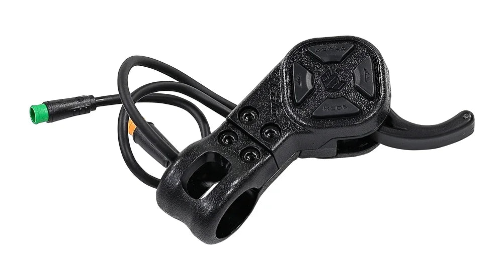 Ручка газу для електросамокатів KAABO крупним планом, чорного кольору з кнопками та кабелями.