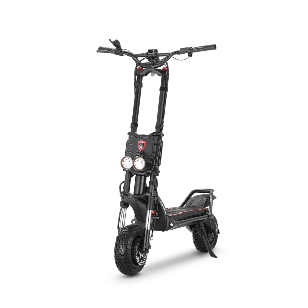 Kaabo Wolf King GTR Max electric scooter in black with red accents, front three-quarter view showing the dual hydraulic forks and twin front headlights