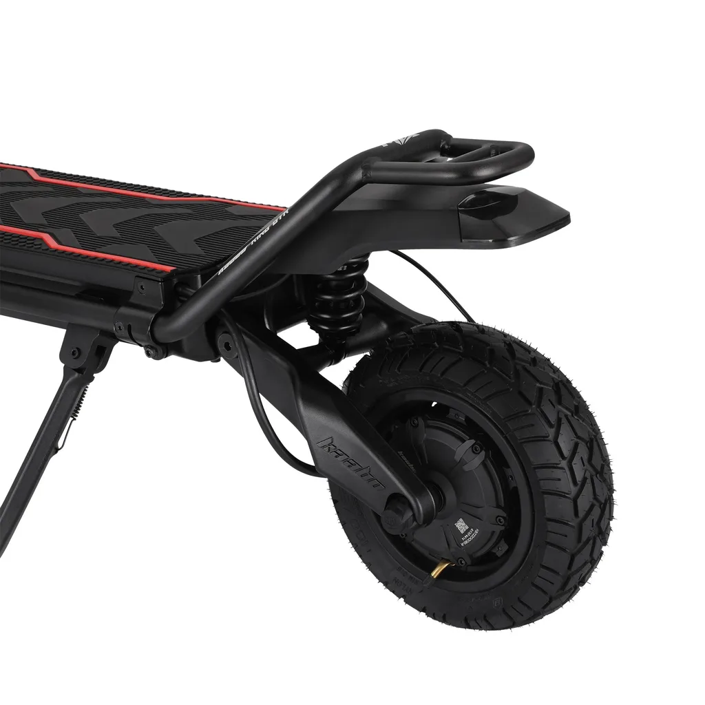 Rear detail of the Kaabo Wolf King GTR Max — rear motor wheel, coil-spring suspension, textured deck and tubular grab rail