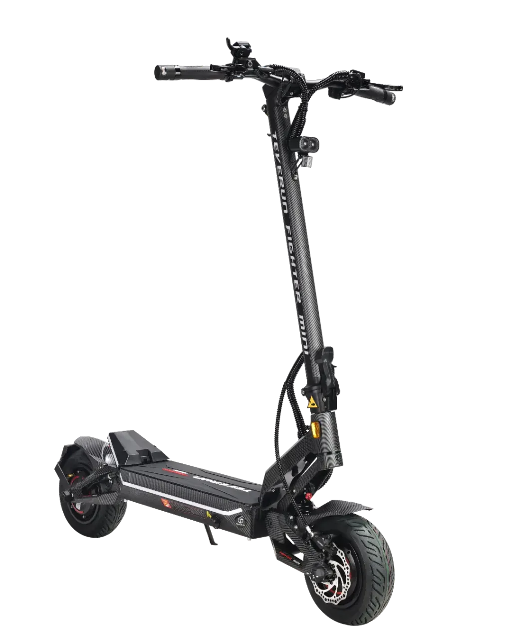 Teverun Fighter Mini electric scooter, front three-quarter studio view of the carbon-finish frame, folding stem, front headlight and dual hydraulic disc brakes