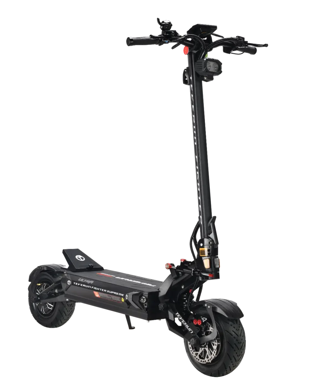 Teverun Supreme Ultra 7260 electric scooter, front three-quarter studio view of the black frame, dual headlights, dual coil-spring suspension and hydraulic disc brakes